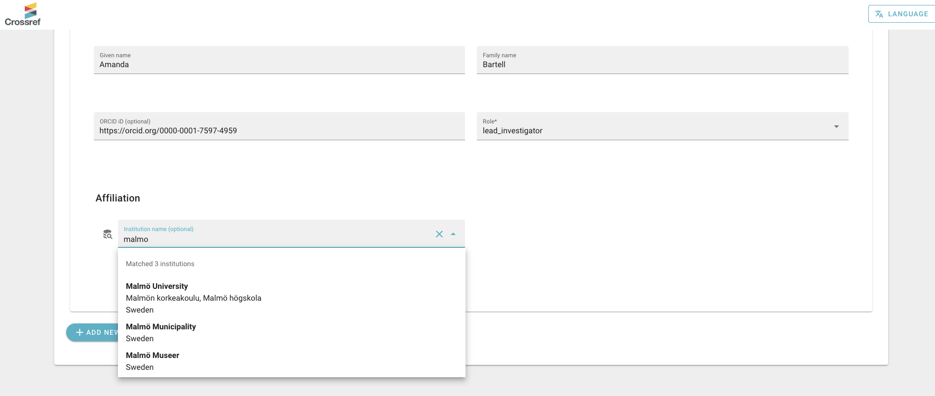 Screenshot from grant registration tool showing a search for a research institution and suggestions from the ROR database