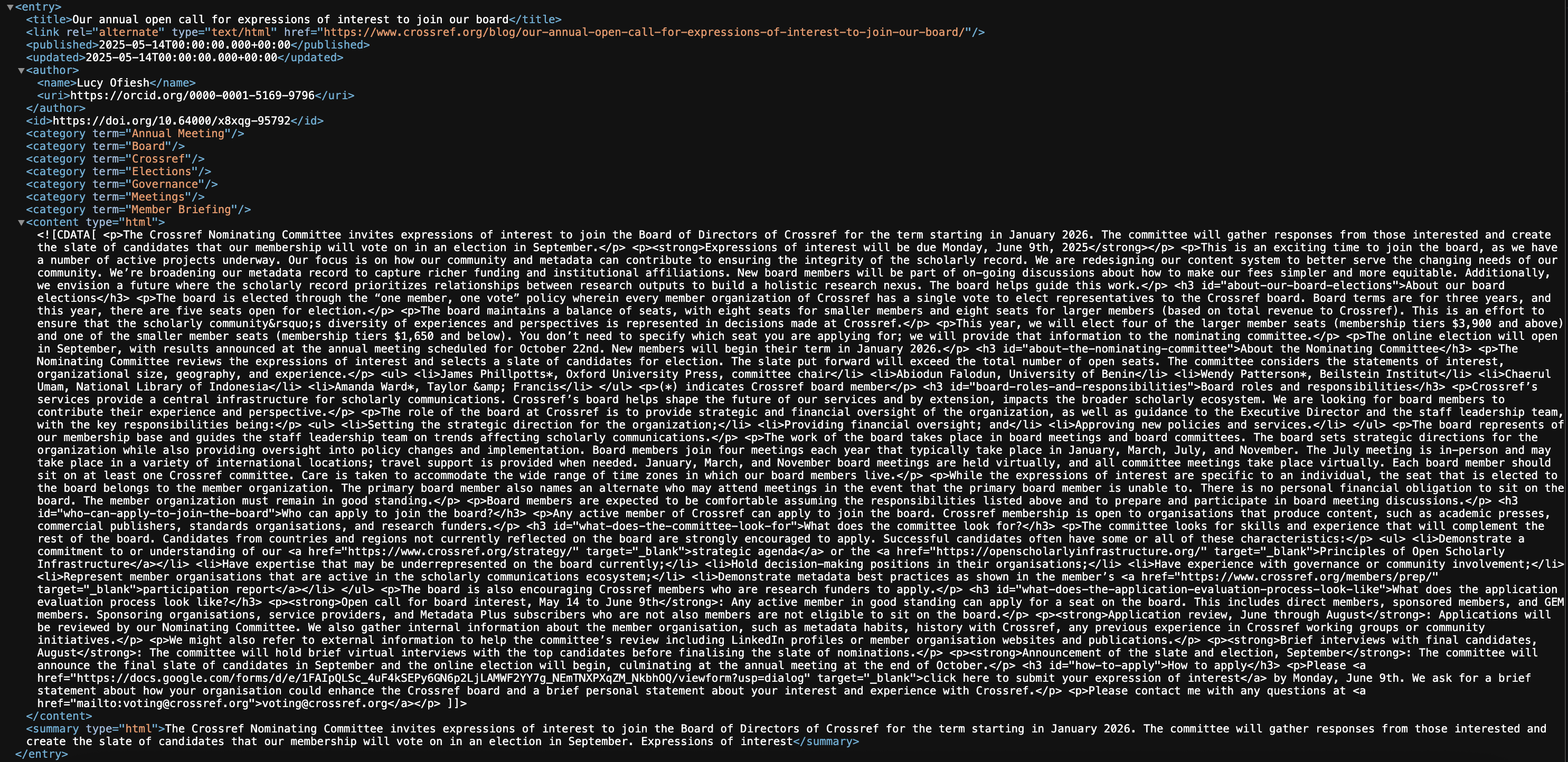 Screenshot of the XML feed entry for a Crossref blog post