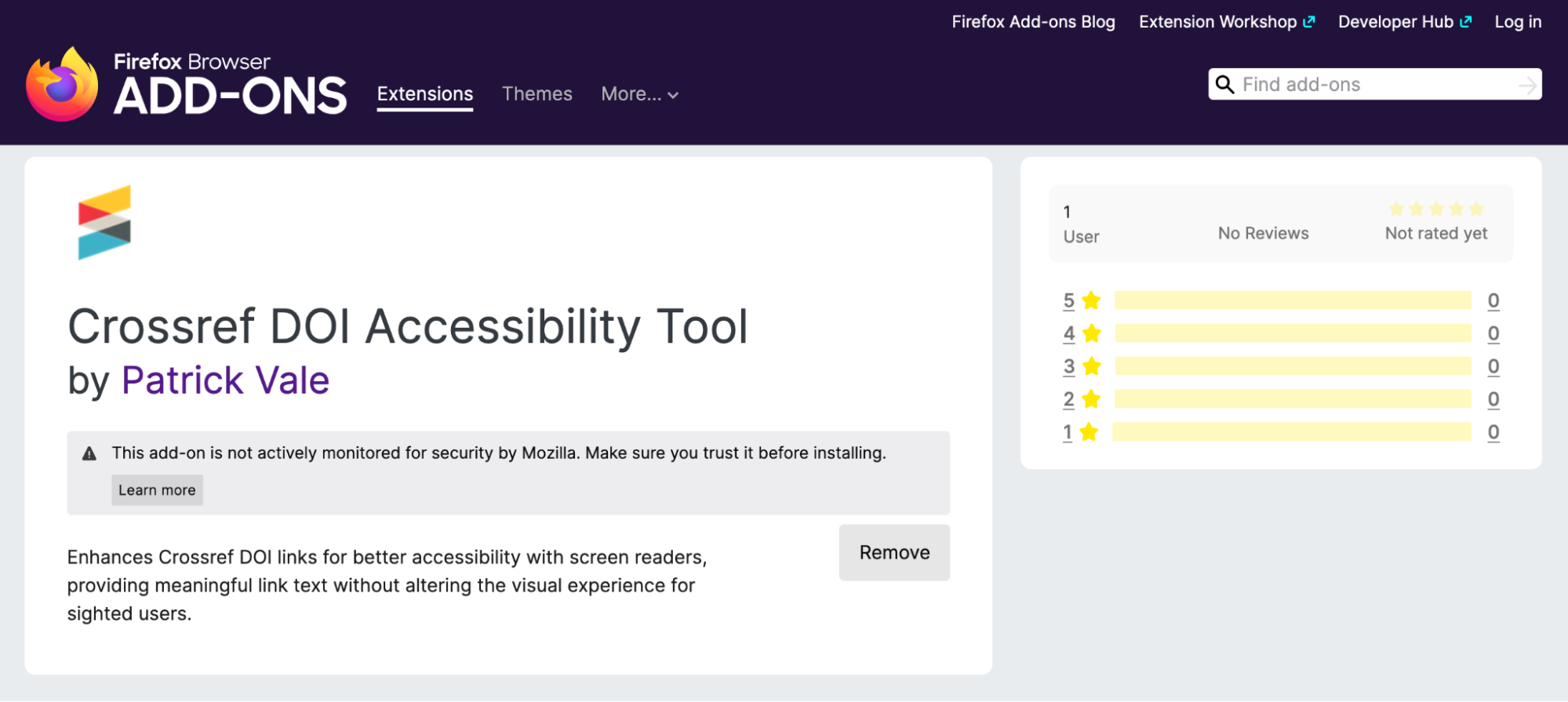 The Crossref DOI Accessibility Enhancer browser extension in Firefox Add-ons