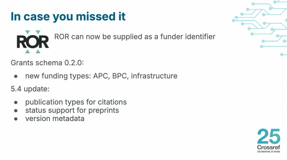 Slide explaining that ROR can be supplied as a funder identifier, and listing updates to the Grants schema and schema 5.4.