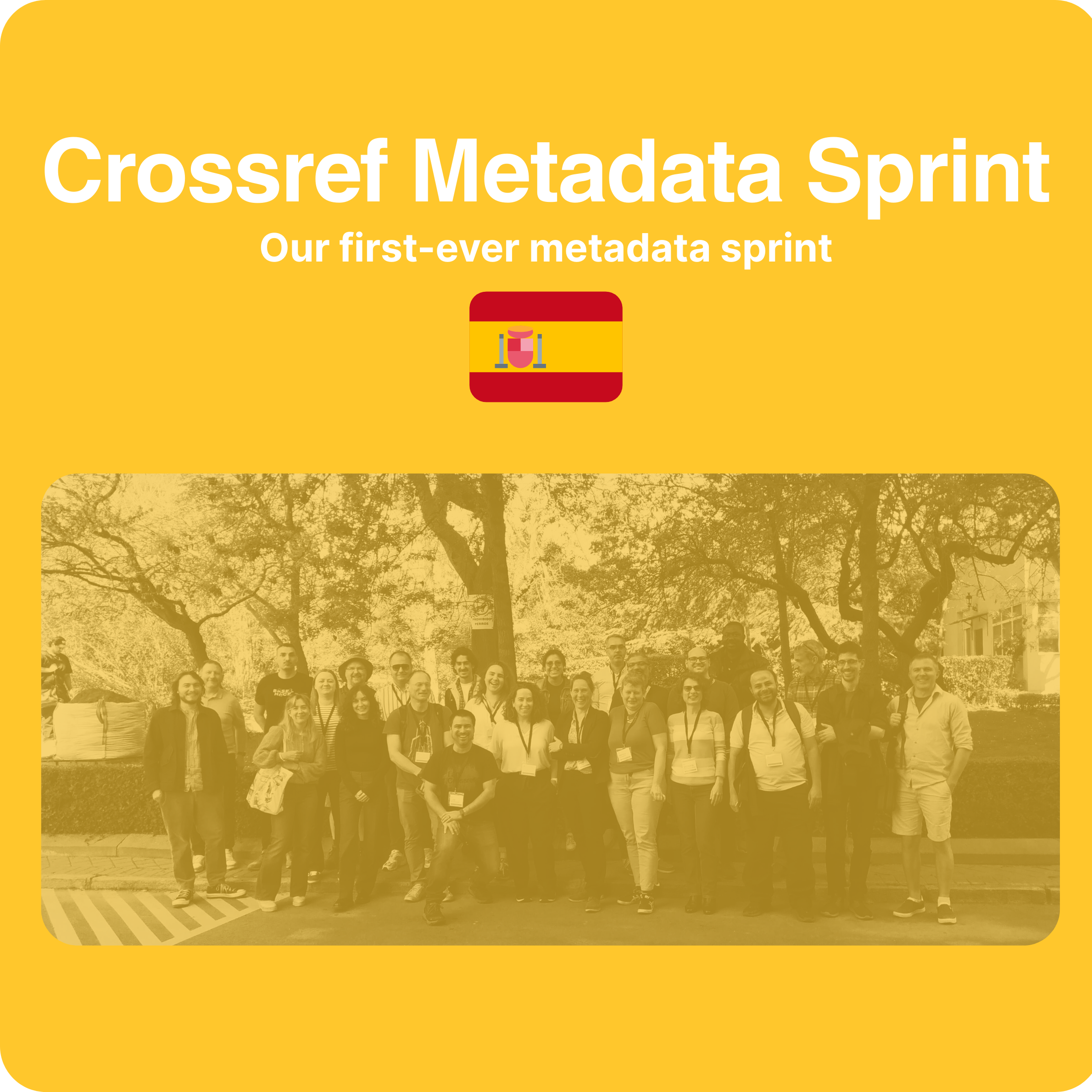 square tile with faded image in the background, with image overlay Crossref Metadata Sprint, Our first-ever metadata sprint