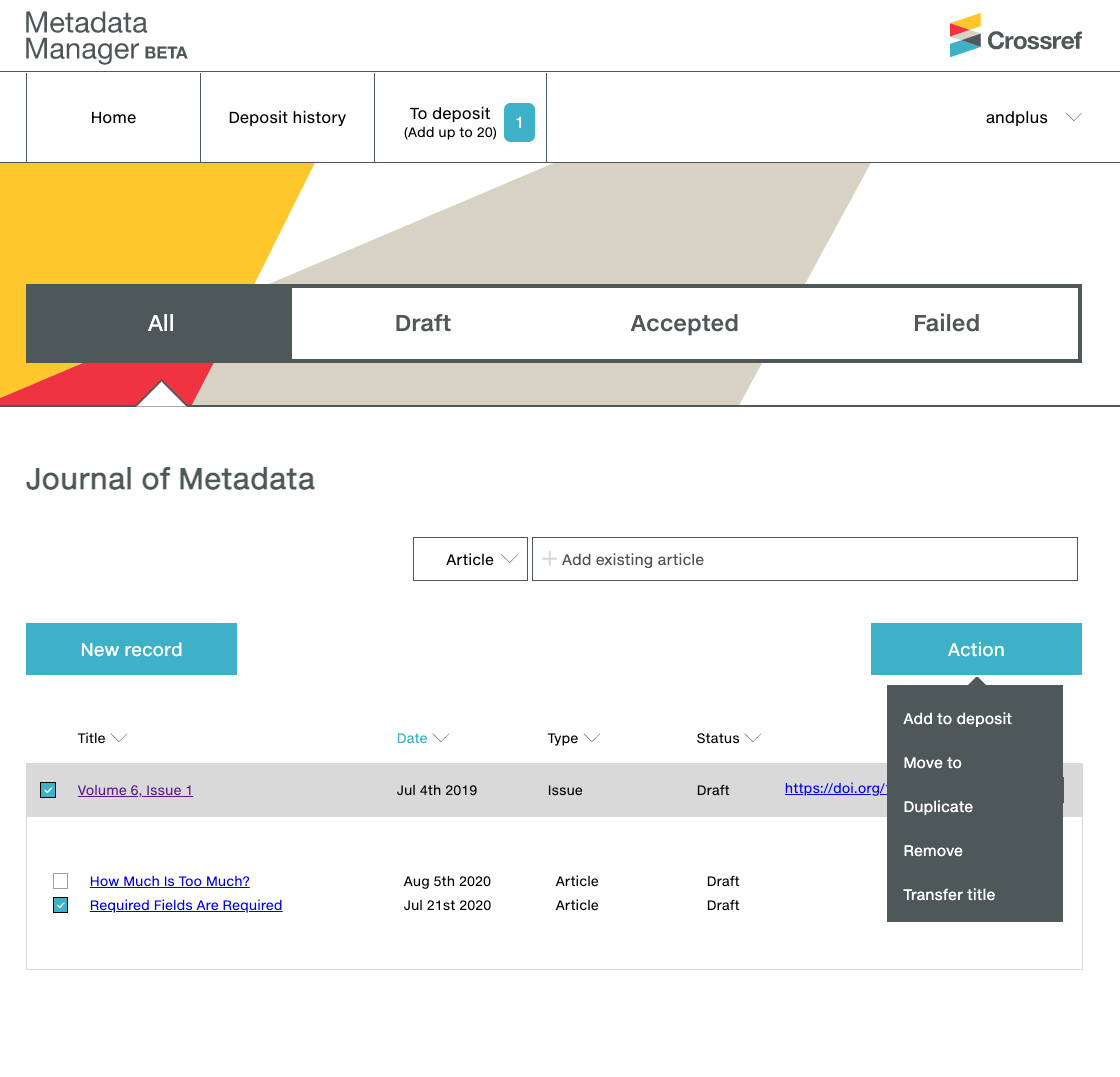 Action menu with options to deposit, move, duplicate, remove, and transfer title