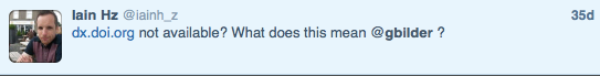 @iainh_z tweets to Crossref enquiring about failed DOI resoluton